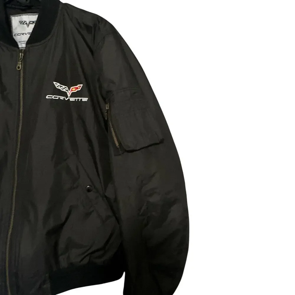 Corvette C6 Aviator Bomber Jacket Black Embroidered Logo Zip Sleeve Mens L